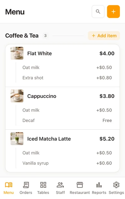 The same cafe menu on a phone, in the same browser, laid out for one thumb