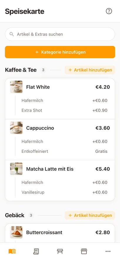 Dieselbe Speisekarte auf einem Handy, mit dem Feld Artikel & Extras suchen über den Kategorien