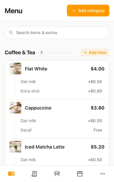 The same menu on a phone, with the search field pinned above the categories