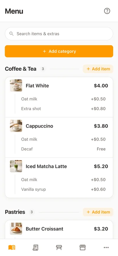 The same cafe menu on a phone, in the same browser, laid out for one thumb