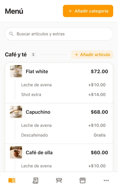 El mismo menú en un teléfono, con el campo Buscar artículos y extras fijo encima de las categorías