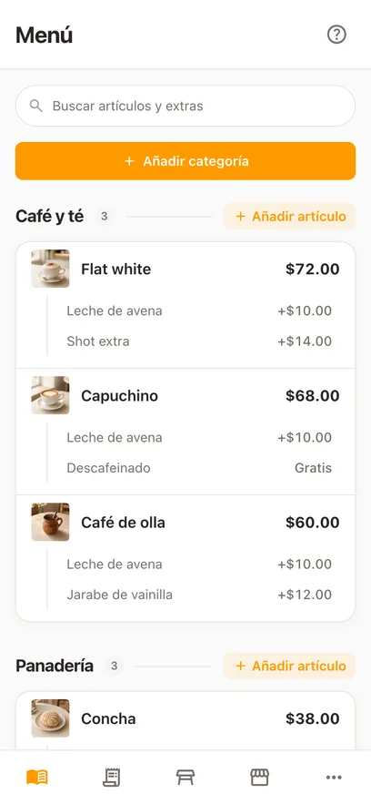 El mismo menú de la cafetería en un celular, en el mismo navegador, acomodado para usarse con el pulgar
