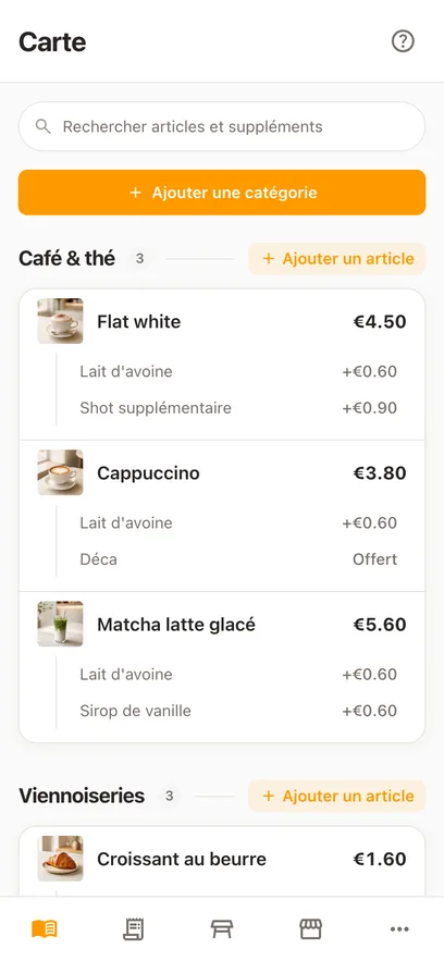 La même carte sur un téléphone, avec le champ Rechercher articles et suppléments au-dessus des catégories