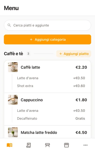 Lo stesso menu su un telefono, con il campo Cerca piatti e aggiunte fisso sopra le categorie