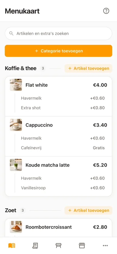 Dezelfde menukaart op een telefoon, met het veld Artikelen en extra’s zoeken boven de categorieën