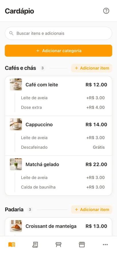O mesmo cardápio no celular, com o campo Buscar itens e adicionais acima das categorias