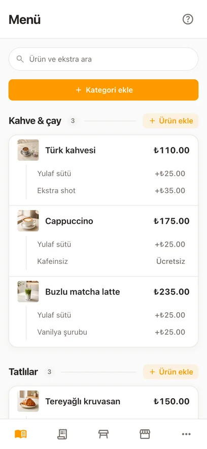 Aynı cafe menüsü bir telefonda, aynı tarayıcıda, tek başparmağa göre dizilmiş