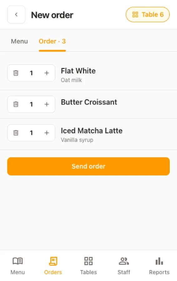 An order for table 6 on a phone: three items with their extras and a Send order button
