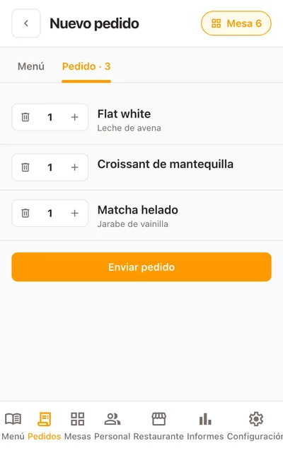 Pedido de mostrador en un teléfono, con varios productos y una nota en una unidad