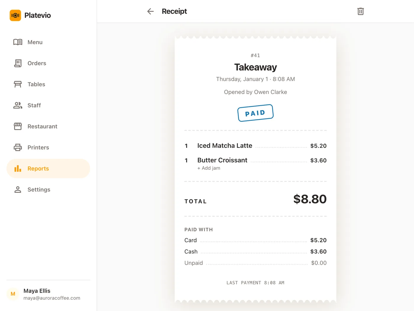 A check’s slip in Platevio Reports: takeaway #41, opened by Owen Clarke and stamped Paid, with an Iced Matcha Latte and a Butter Croissant with jam, a total of $8.80, and Paid with Card $5.20 and Cash $3.60
