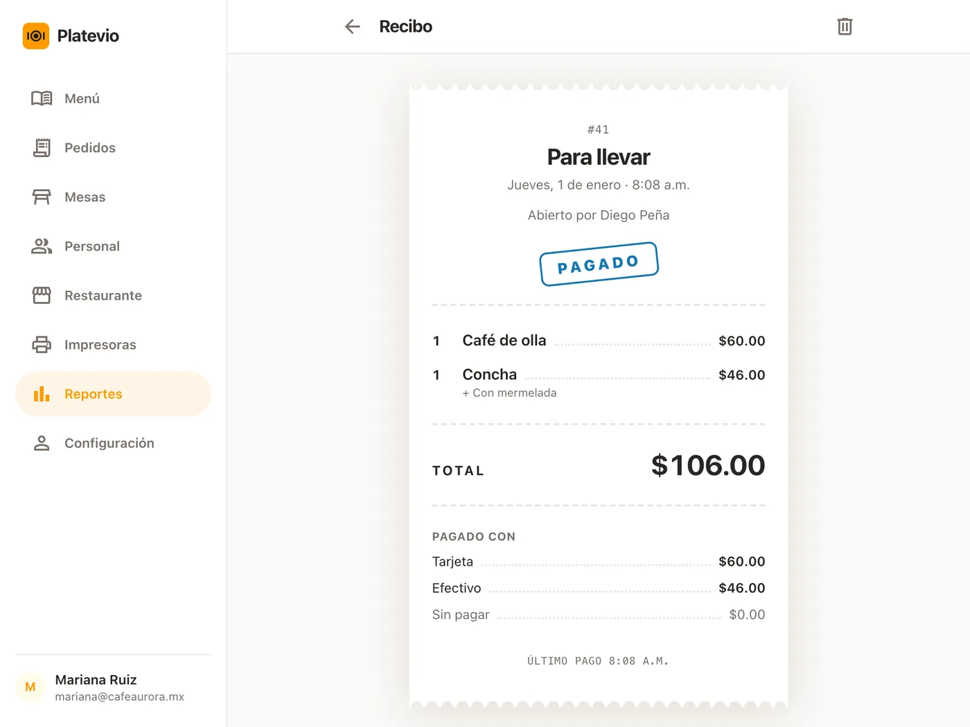 El recibo de una cuenta en los Reportes de Platevio: el pedido #41, abierto por Diego Peña y sellado como Pagado, con un Café de olla y una Concha con mermelada, un total de $106.00, y Pagado con Tarjeta $60.00 y Efectivo $46.00