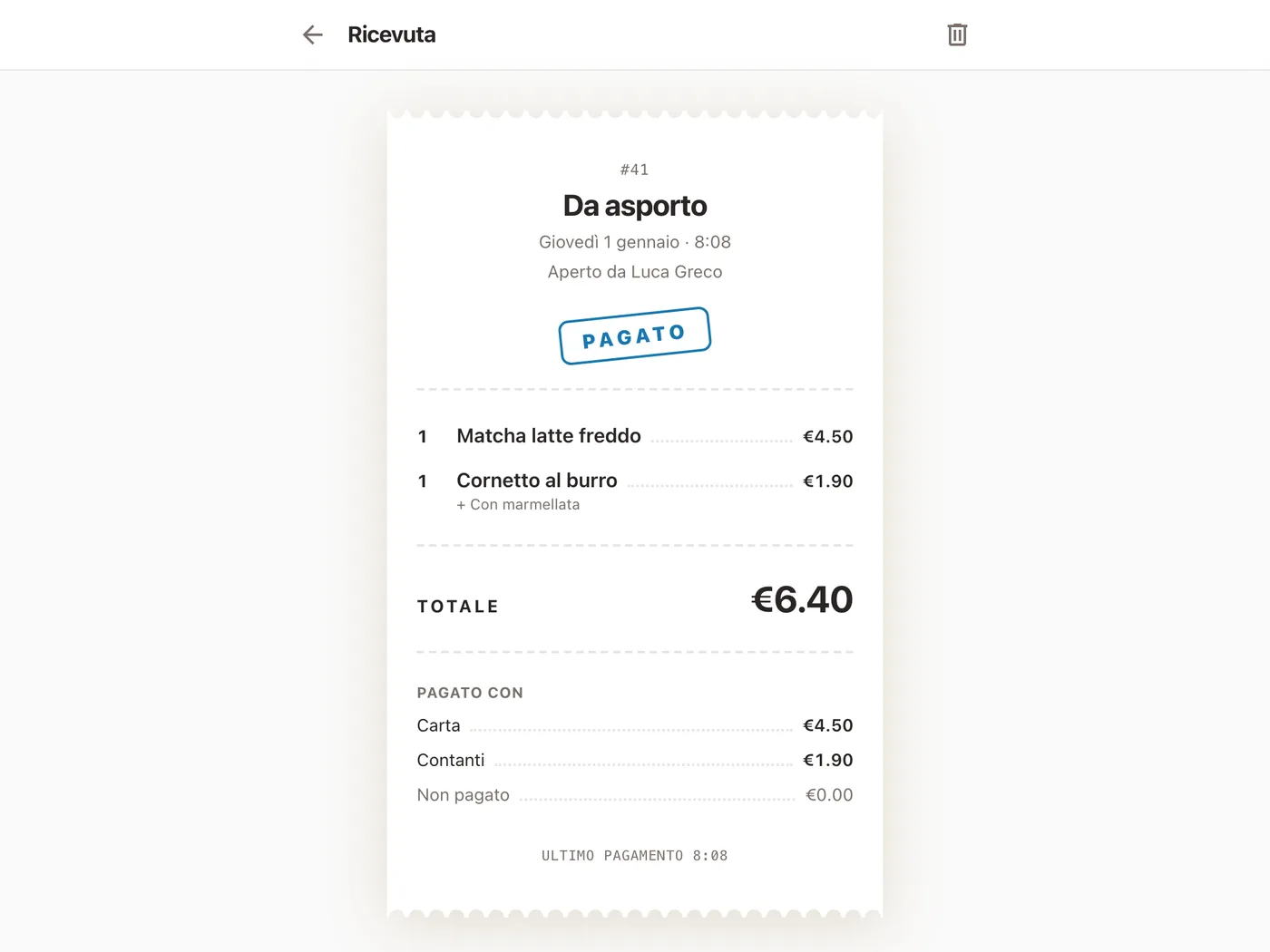 Il dettaglio di una comanda nella pagina Report di Platevio: Da asporto #41, Aperto da Luca Greco e con il timbro Pagato, con un Matcha latte freddo e un Cornetto al burro con marmellata, un totale di €6.40, e Pagato con Carta €4.50 e Contanti €1.90
