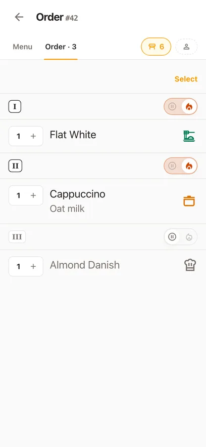 One check open on a phone: its dishes in three courses, each with its own status and the extras it was ordered with