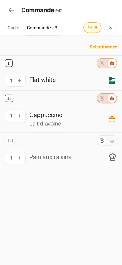 Une addition ouverte sur un téléphone : ses plats en trois services, chacun avec son propre statut et les suppléments commandés avec lui