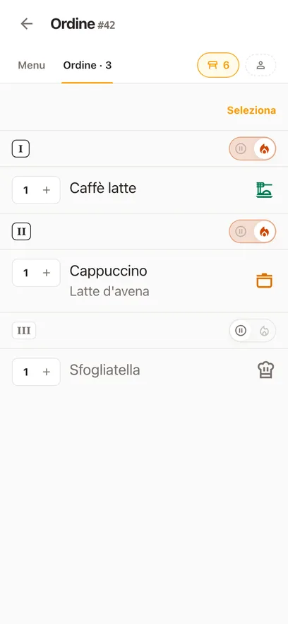 Una comanda aperta sul telefono: i suoi piatti in tre portate, ognuno col proprio stato e le varianti con cui è stato ordinato