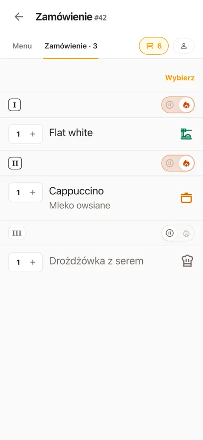 Jeden rachunek otwarty na telefonie: jego dania w trzech turach podania, każde z własnym statusem i dodatkami, z którymi je zamówiono