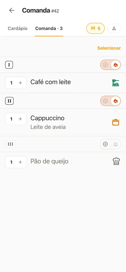 Uma comanda aberta no celular: os seus pratos em três tempos, cada um com o seu próprio status e os adicionais com que foi pedido