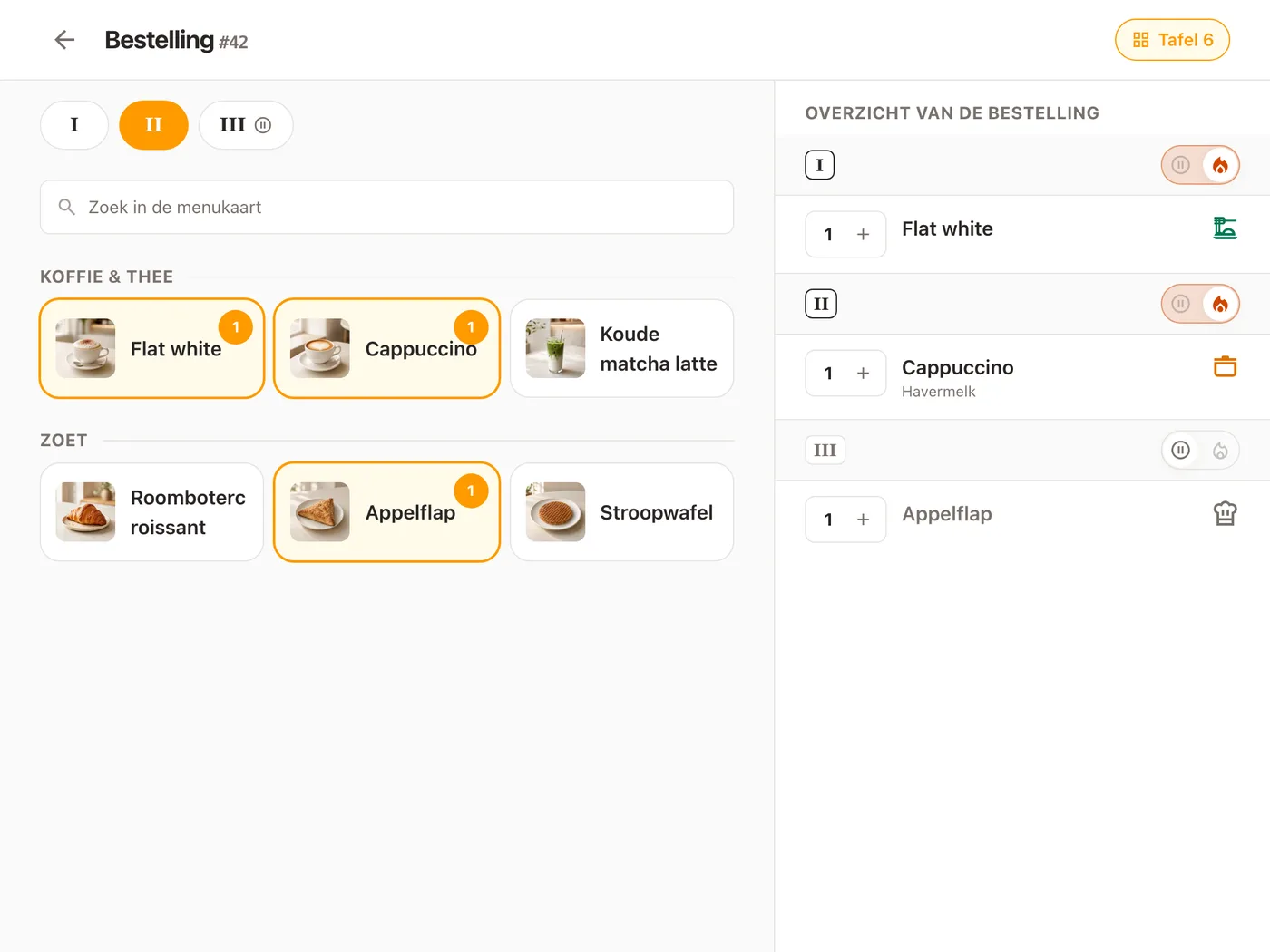 Eén rekening open op een tablet: zijn gerechten in drie gangen, elk gerecht met zijn eigen status, met de extra’s op het gerecht waar ze bij horen