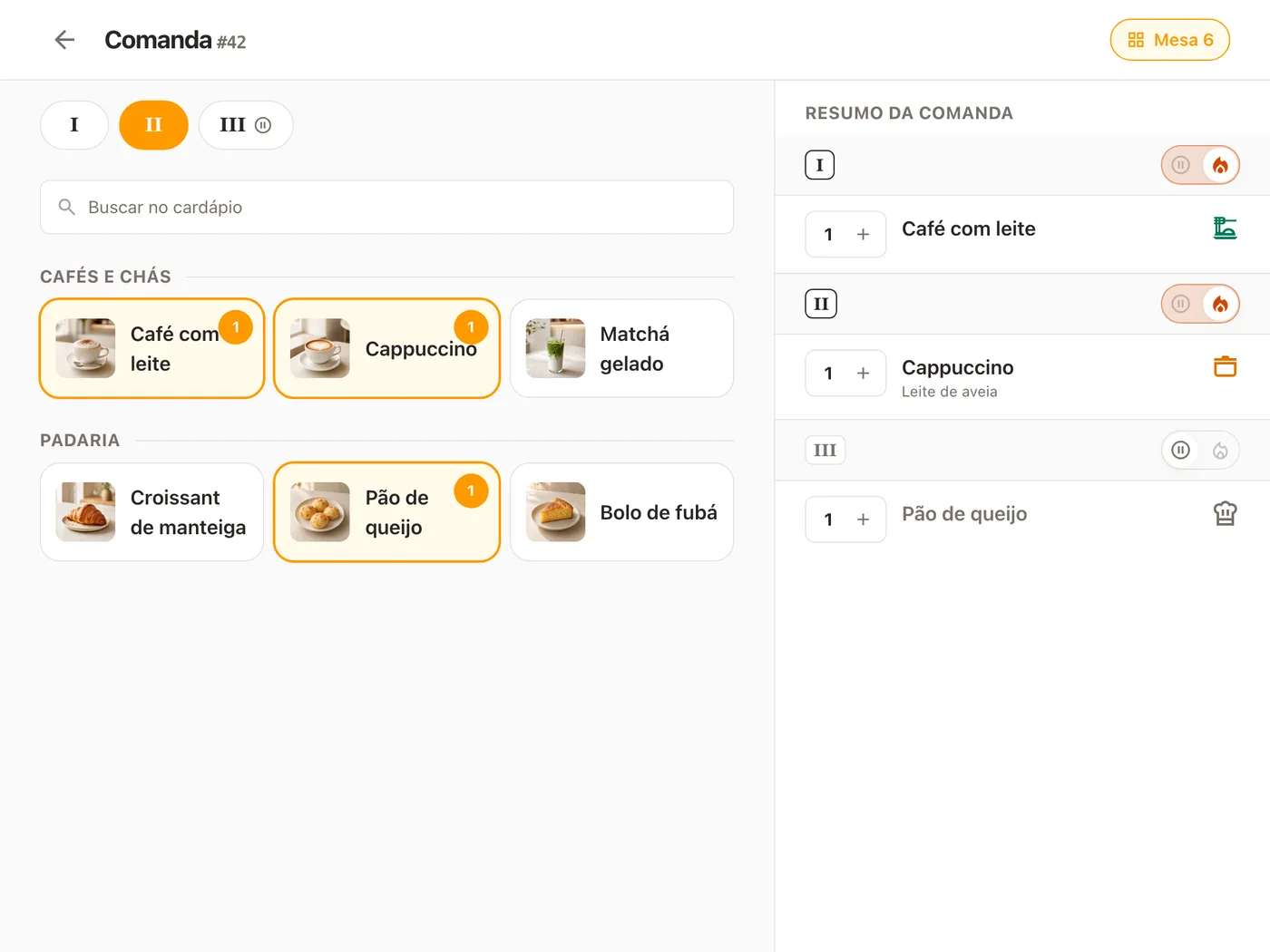 Uma comanda aberta em um tablet: os seus pratos em três tempos, cada prato mostrando o seu próprio status, com os adicionais no prato a que pertencem