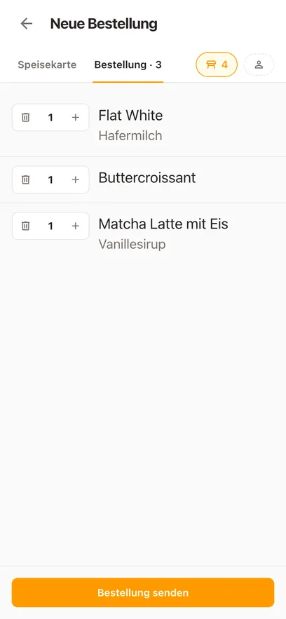 Eine Bestellung auf dem Handy: jede Position mit ihren Extras und ihrer Notiz, fertig zum Senden an den Tresen