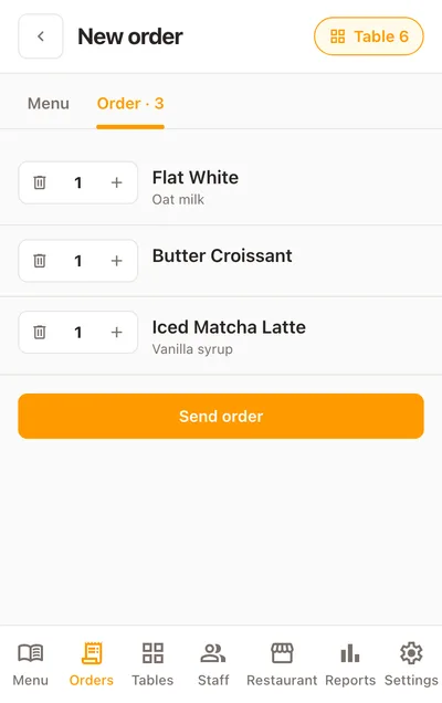 An order for table 6 on a phone: three items with their extras and a Send order button