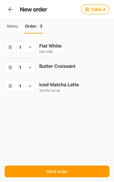 An order for table 6 on a phone: three items with their extras and a Send order button