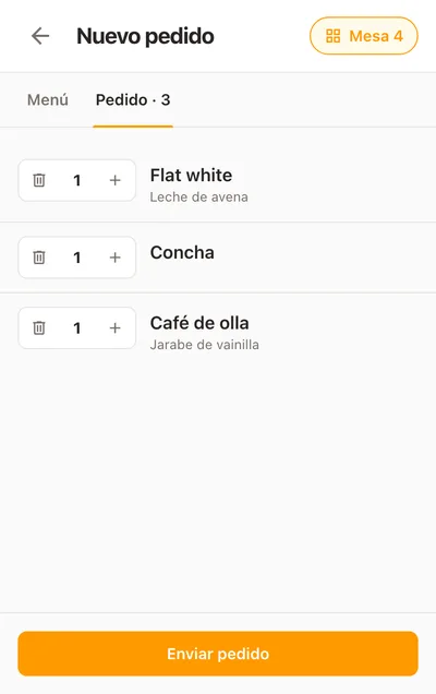 Un pedido de la mesa 6 en el celular: tres platillos con sus extras y el botón Enviar pedido