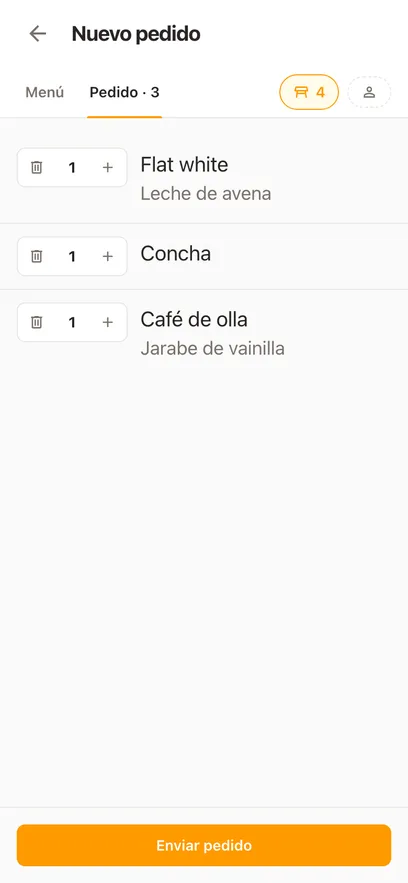 Pedido para llevar en un teléfono, identificado por un número corto y con sus modificaciones