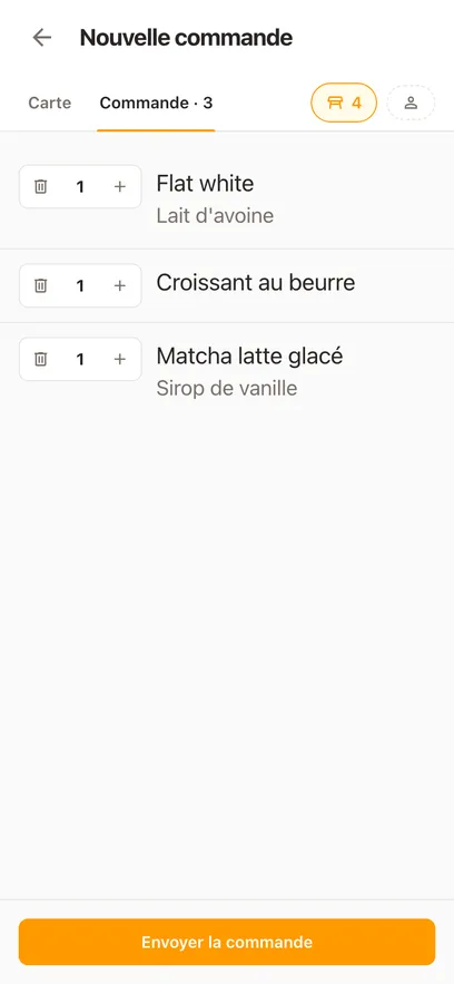 Une commande pour la table 6 sur un téléphone : trois articles avec leurs suppléments et un bouton pour envoyer la commande