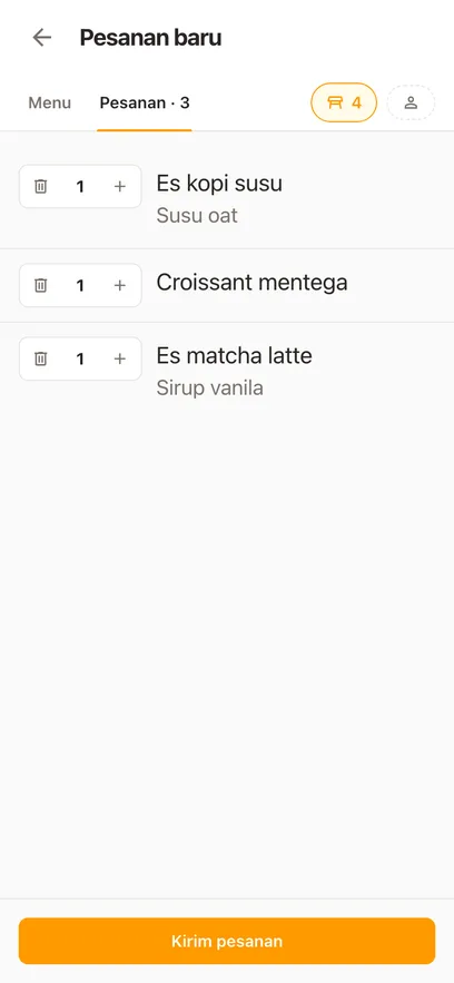 Pesanan meja 6 di HP: tiga item dengan tambahannya dan tombol Kirim pesanan
