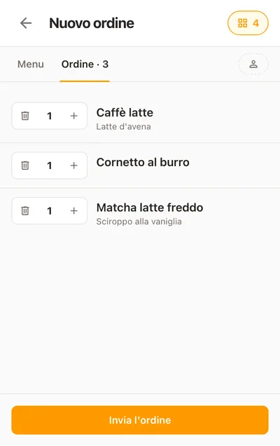 Un nuovo ordine sul telefono, già assegnato al Tavolo 4: un caffè latte, un cornetto al burro e un matcha latte freddo con le loro varianti, e il pulsante «Invia l’ordine»