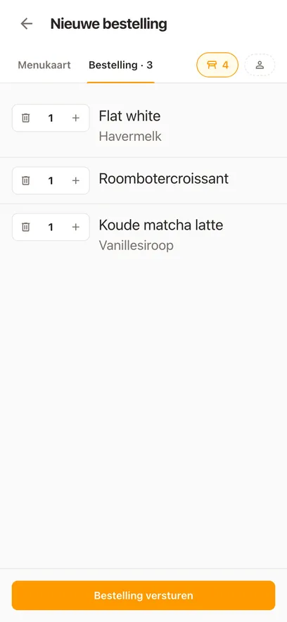 Een bestelling voor tafel 6 op een telefoon: drie gerechten met hun extra’s en een knop Bestelling versturen