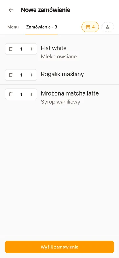 Zamówienie dla stolika 6 na telefonie: trzy pozycje z dodatkami i przycisk wysłania