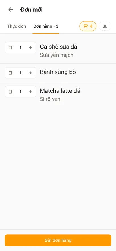 Đơn của bàn 6 trên điện thoại: ba món kèm món thêm và nút Gửi đơn