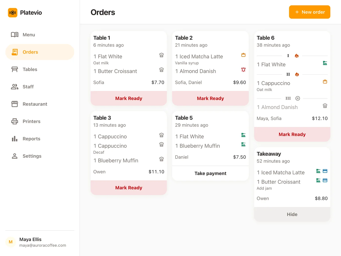 The Platevio Orders board on a tablet: every open check as a ticket card, each dish with its extras and its status