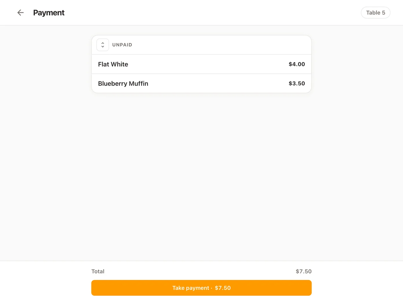 The Platevio payment screen on a tablet: a served check ready to be paid, each dish with its price, to be split dish by dish and settled by card or cash