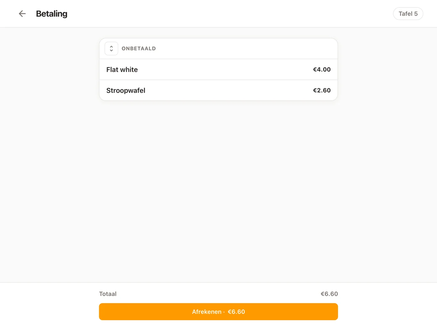 Het betaalscherm van Platevio op een tablet: een geserveerde rekening, klaar om af te rekenen, elk artikel met zijn prijs, om artikel voor artikel te splitsen en met pin of contant te betalen