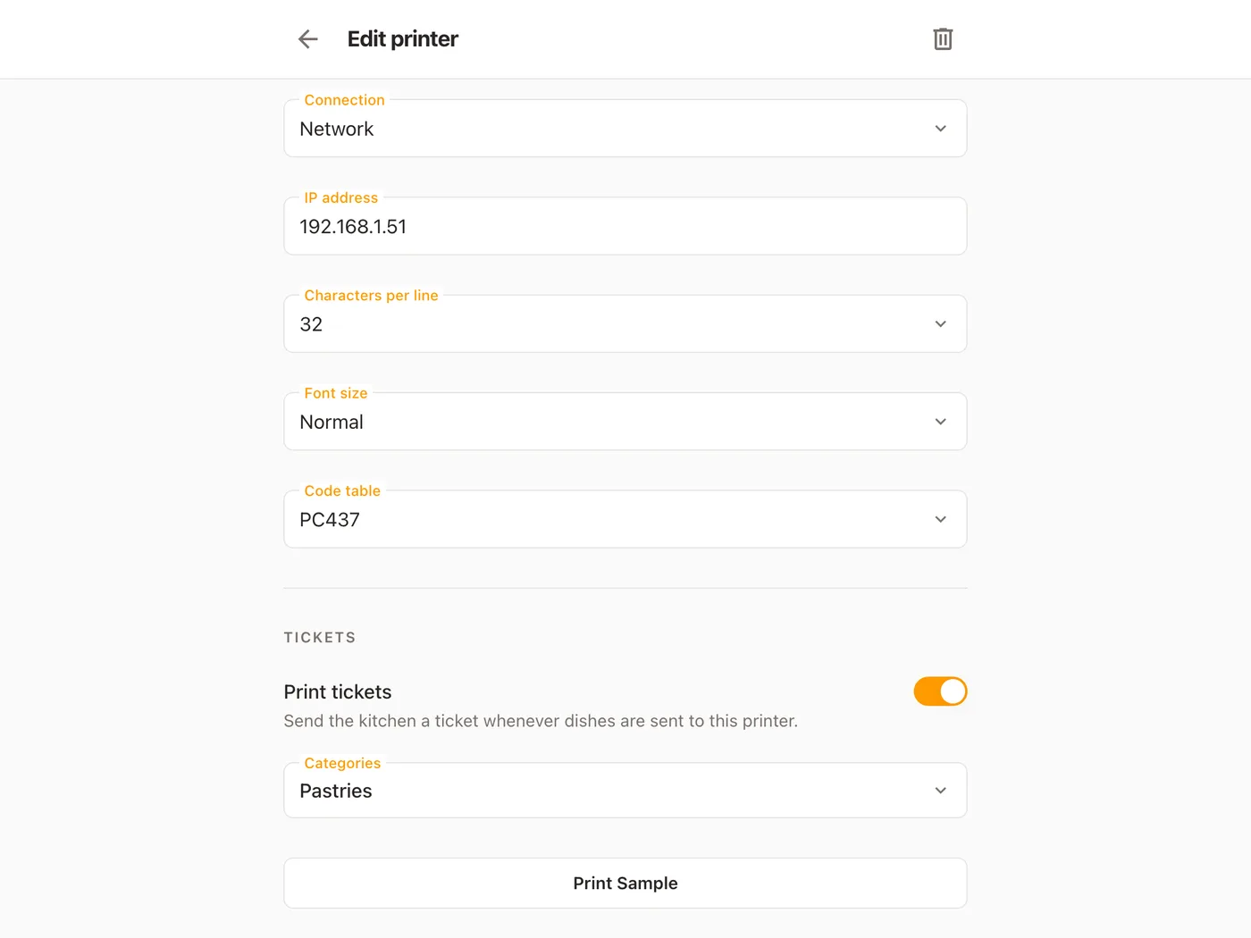 The Kitchen printer’s form on a tablet, scrolled to Tickets: Print tickets is on, the Categories field reads Pastries, and Print Sample sits at the foot
