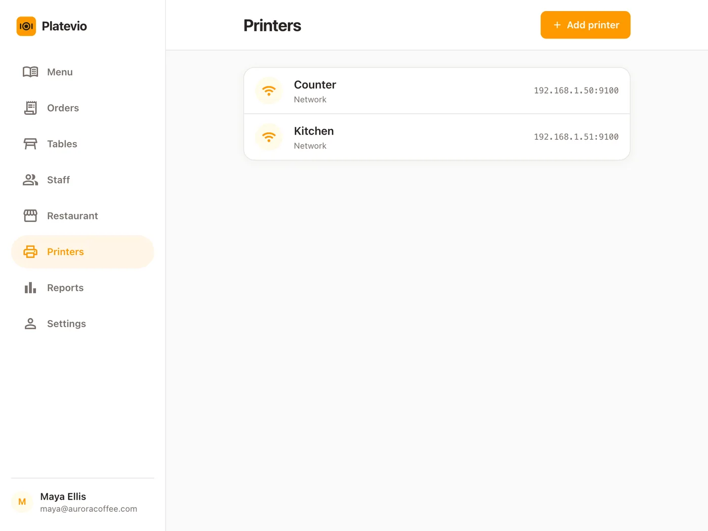 The Platevio Printers screen on a tablet: a Counter printer and a Kitchen printer, each on the restaurant’s network with its own address