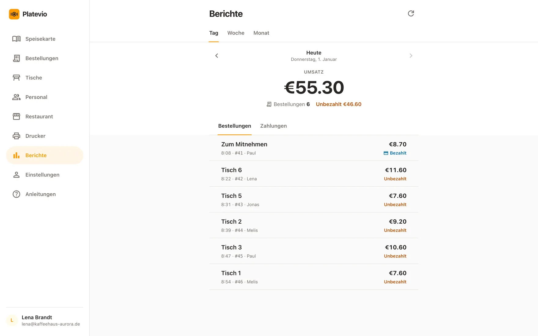 Die Berichte von Platevio im Browser auf einem Laptop: der Umsatz des Tages als eine große Zahl, die Zahl der Bestellungen und was noch unbezahlt ist, darüber die Liste der Bestellungen des Tages mit Tisch, Uhrzeit und wer sie aufgenommen hat