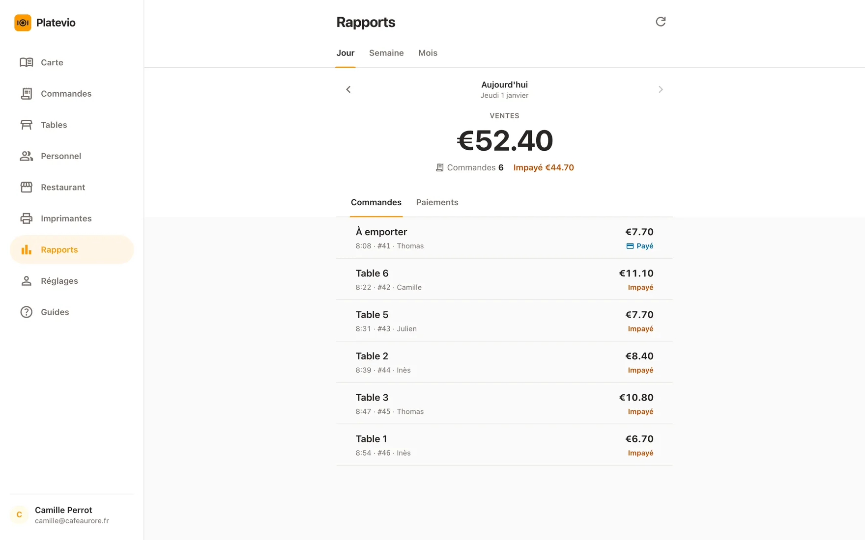Les Rapports de Platevio dans un navigateur sur un ordinateur portable : les ventes du jour en un grand chiffre, le nombre de commandes et ce qui reste impayé, au-dessus de la liste des additions du jour avec leur table, leur heure et qui les a ouvertes