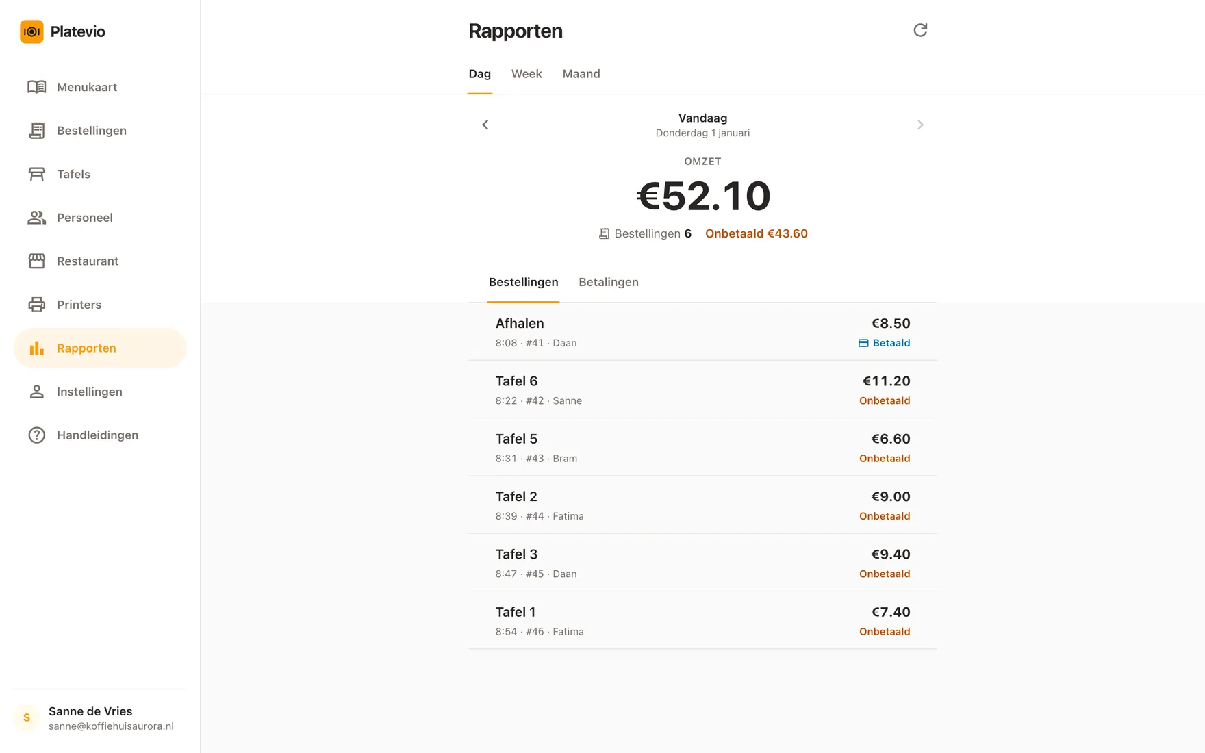 De Rapporten van Platevio in een browser op een laptop: de omzet van vandaag als één groot bedrag, het aantal bestellingen en wat nog onbetaald is, boven de lijst met bestellingen van de dag, elk met tafel, tijd en wie hem opende