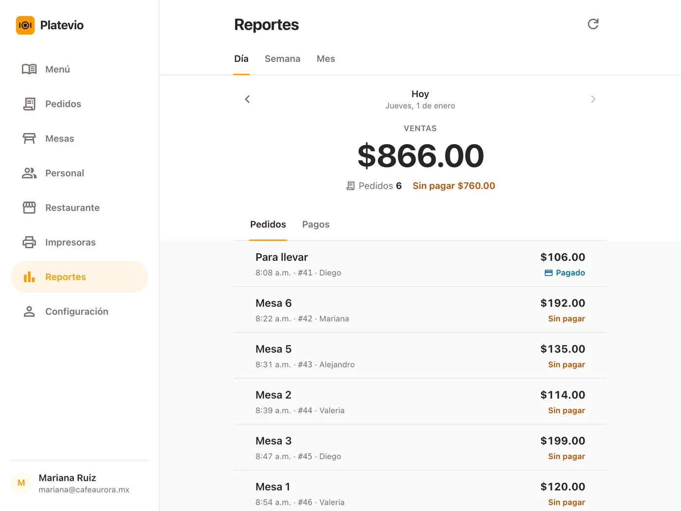 Los Reportes de Platevio en una tableta: las ventas de hoy como una sola cifra grande, el número de pedidos y lo que sigue sin pagar, sobre la lista de las cuentas del día con su mesa, su hora y quién las abrió