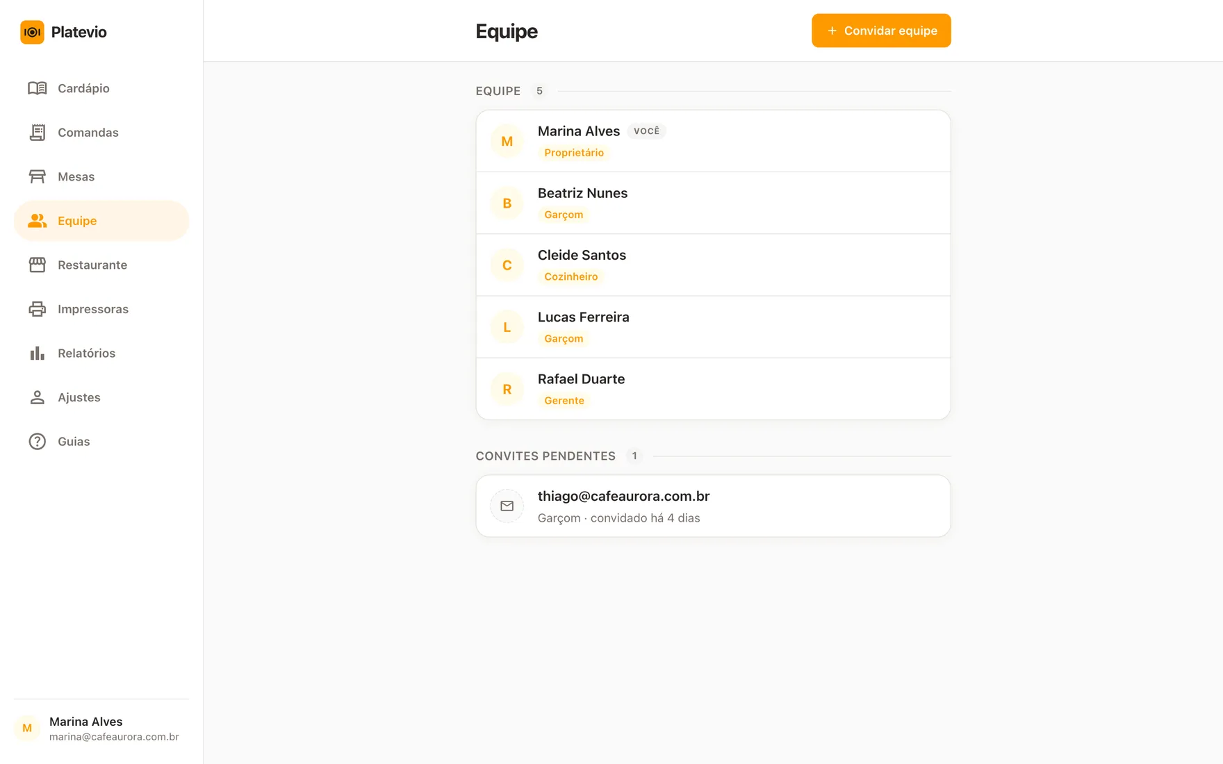 A tela Equipe do Platevio no navegador de um notebook: cinco pessoas com o seu perfil de acesso — uma proprietária, um gerente, dois garçons e uma cozinheira — e um convite pendente
