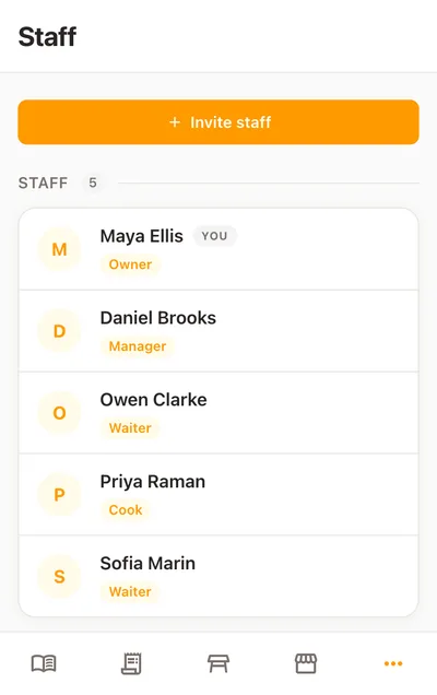The same Staff page on a phone, with Invite staff at the top and each person’s name and Roles below
