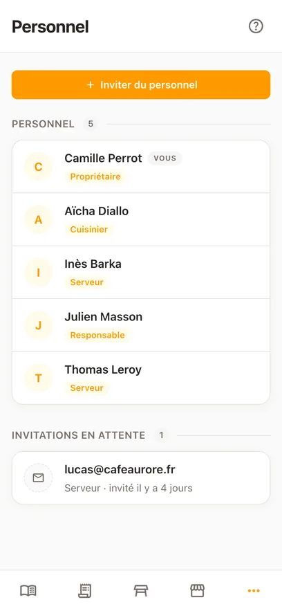 Le même écran Personnel sur un téléphone, avec Inviter du personnel en haut et, en dessous, le nom et les rôles de chacun
