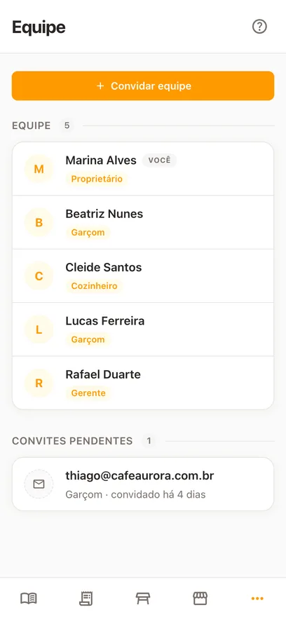 A mesma tela Equipe no celular, com o botão Convidar equipe no alto e, embaixo, o nome e o perfil de acesso de cada pessoa