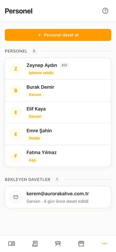 Aynı Personel sayfası telefonda: en üstte «Personel davet et», altında herkesin adı ve rolü