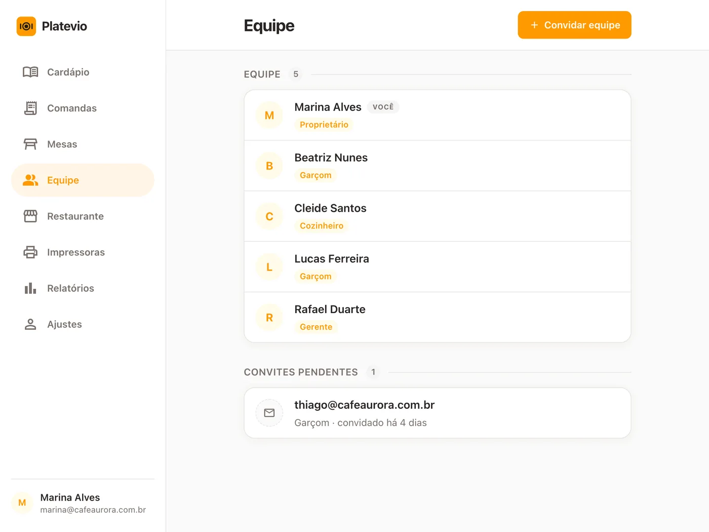 A tela Equipe do Platevio em um tablet: cinco pessoas, cada uma com o seu perfil de acesso — uma proprietária, um gerente, dois garçons e uma cozinheira — e um convite pendente para um garçom