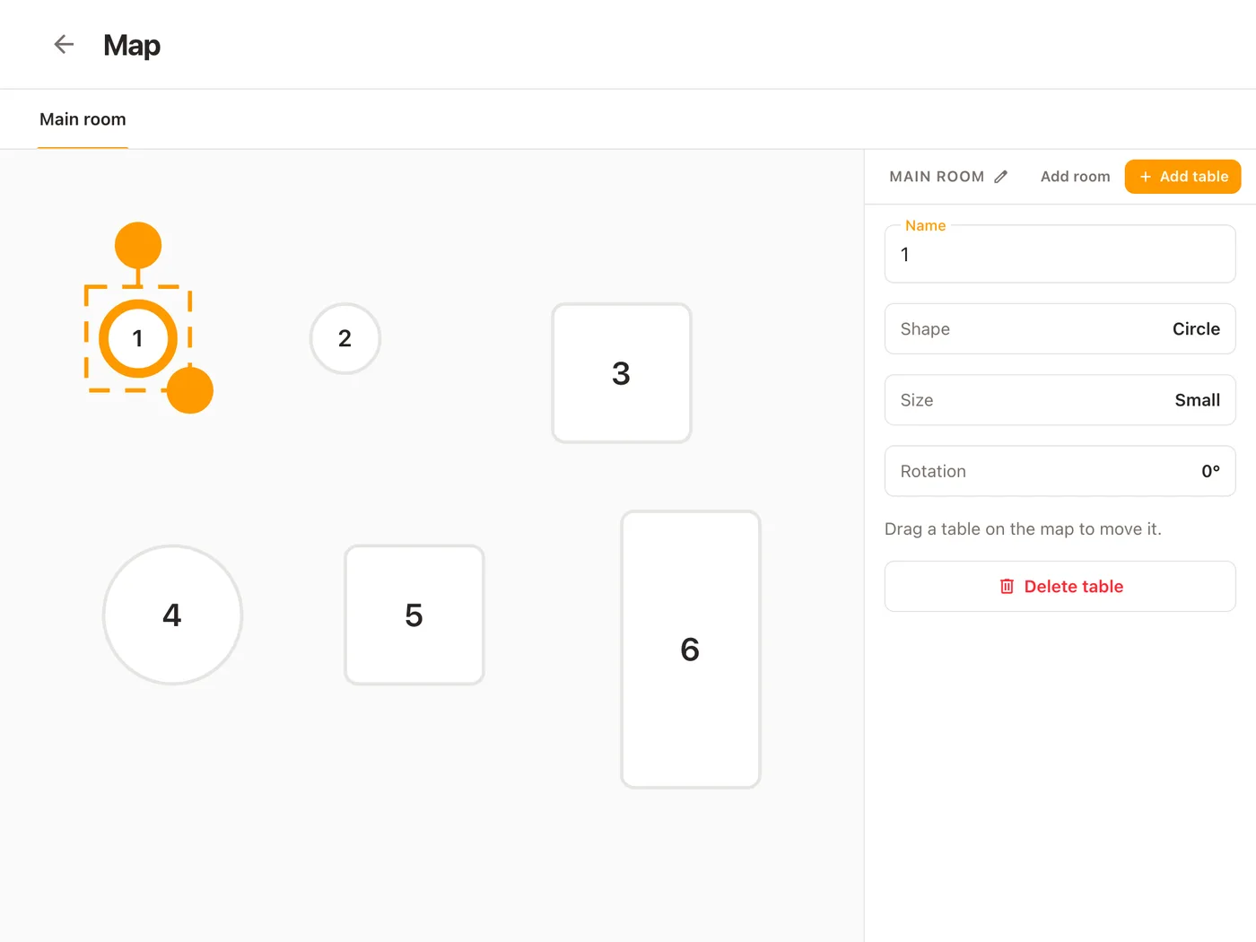 The Platevio map editor on a tablet: the main room’s six tables with table 1 selected, its panel showing Name, Shape, Size and Rotation with Delete table below, and Add room and Add table above